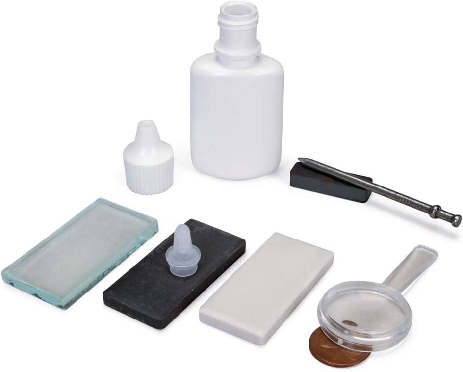 United Scientific Mineral ID Kit - 7 Pieces - Includes Streak Plates, Glass Plate, Dropper Bottle, Magnet, Nail, & Hand Lens - Great for Geology Classrooms & Basic Field Testing
