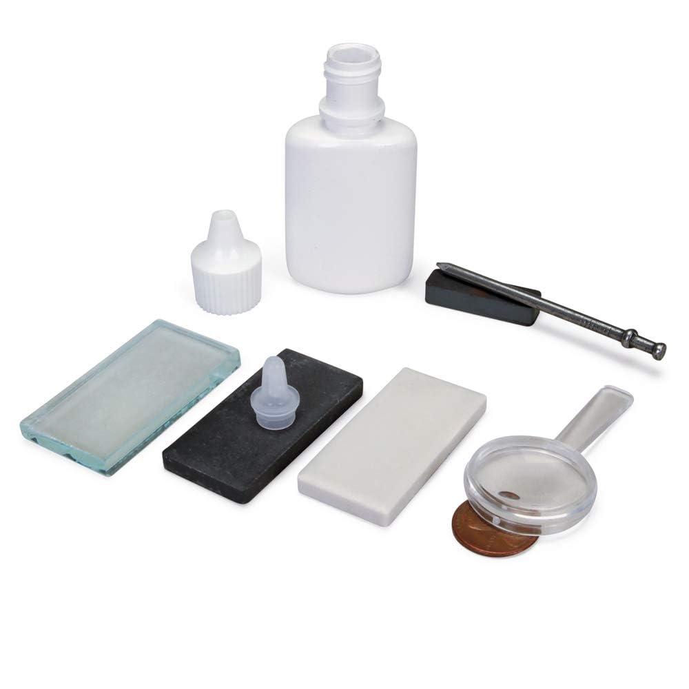 United Scientific Mineral ID Kit - 7 Pieces - Includes Streak Plates, Glass Plate, Dropper Bottle, Magnet, Nail, & Hand Lens - Great for Geology Classrooms & Basic Field Testing