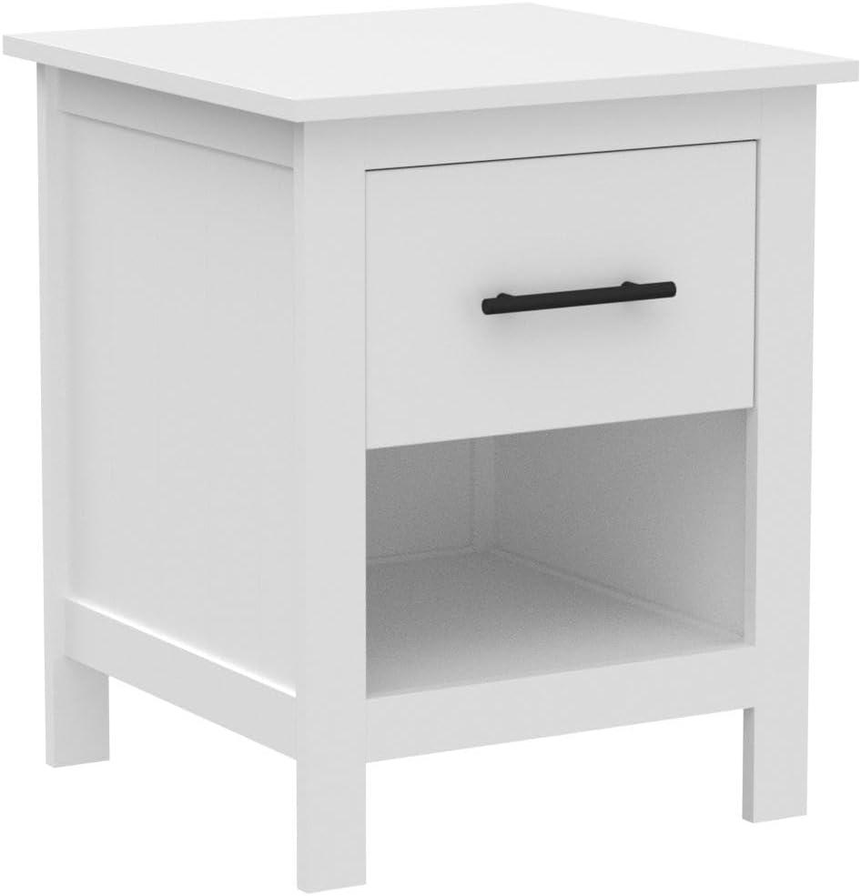 White Engineered Wood Nightstand with Drawer and Open Shelf