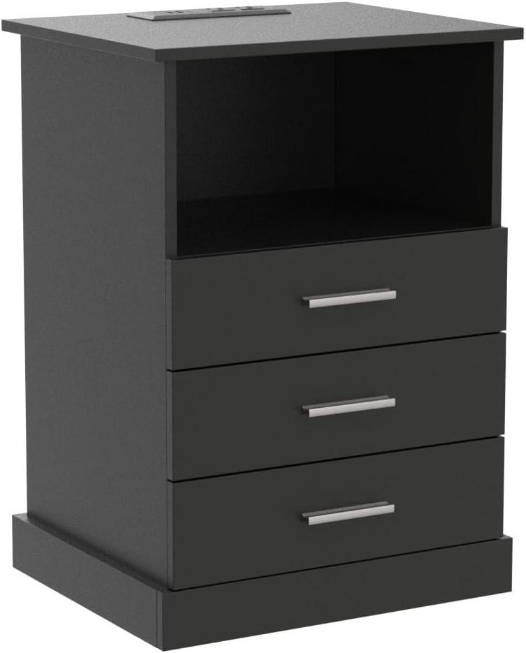 Afuhokles Black LED Nightstand with Charging Station, Night Stand 3 Drawers with Open Storage, Side Table with USB Ports and Outlets