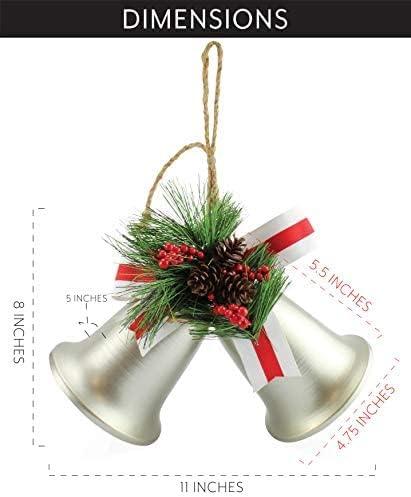 AuldHome Design Wall Hanging Silver Bells; Vintage Rustic Christmas Bells Door Hanger or Wreath