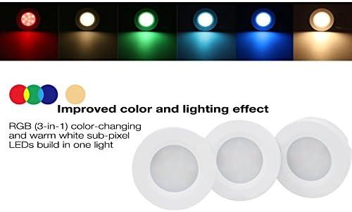TORCHSTAR Set of 3 Multicolor LED Under Cabinet Lighting Kit, UL-Listed Power Adapter, Surface and Recessed Mount LED Puck Lights, IR Remote Control, Warm White