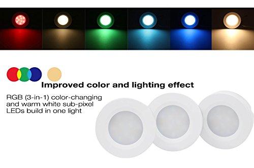 TORCHSTAR Set of 3 Multicolor LED Under Cabinet Lighting Kit, UL-Listed Power Adapter, Surface and Recessed Mount LED Puck Lights, IR Remote Control, Warm White
