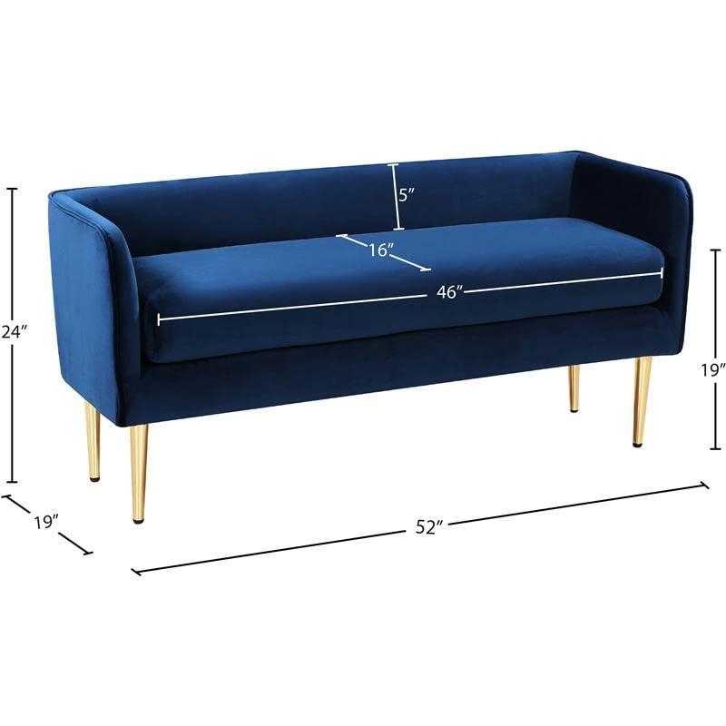 Audrey Navy Velvet Upholstered Bench with Gold Metal Legs, 52" W