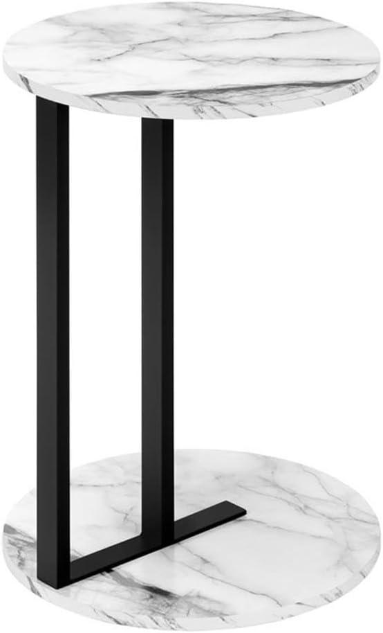 17 Stories Accent Table, Side, Round, End, Nightstand, Lamp, Living Room, Bedroom, White Marble Look Laminate, Black Metal, Contemporary, Modern