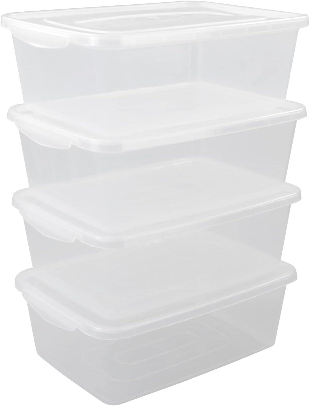 Clear Stackable Plastic Lidded Storage Boxes, 14 Quarts, 4-Pack