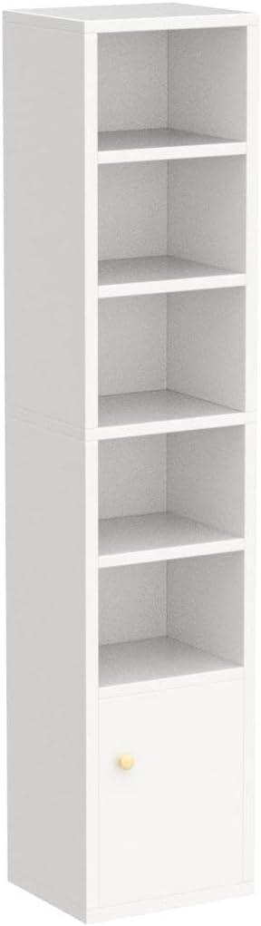 IOTXY Small Narrow Corner Bookcase - 59" Tall Free Standing Gap Storage Cabinet, 6 Lattices Open Shelves Tower Rack with Door, Cubes Bookshelf, White