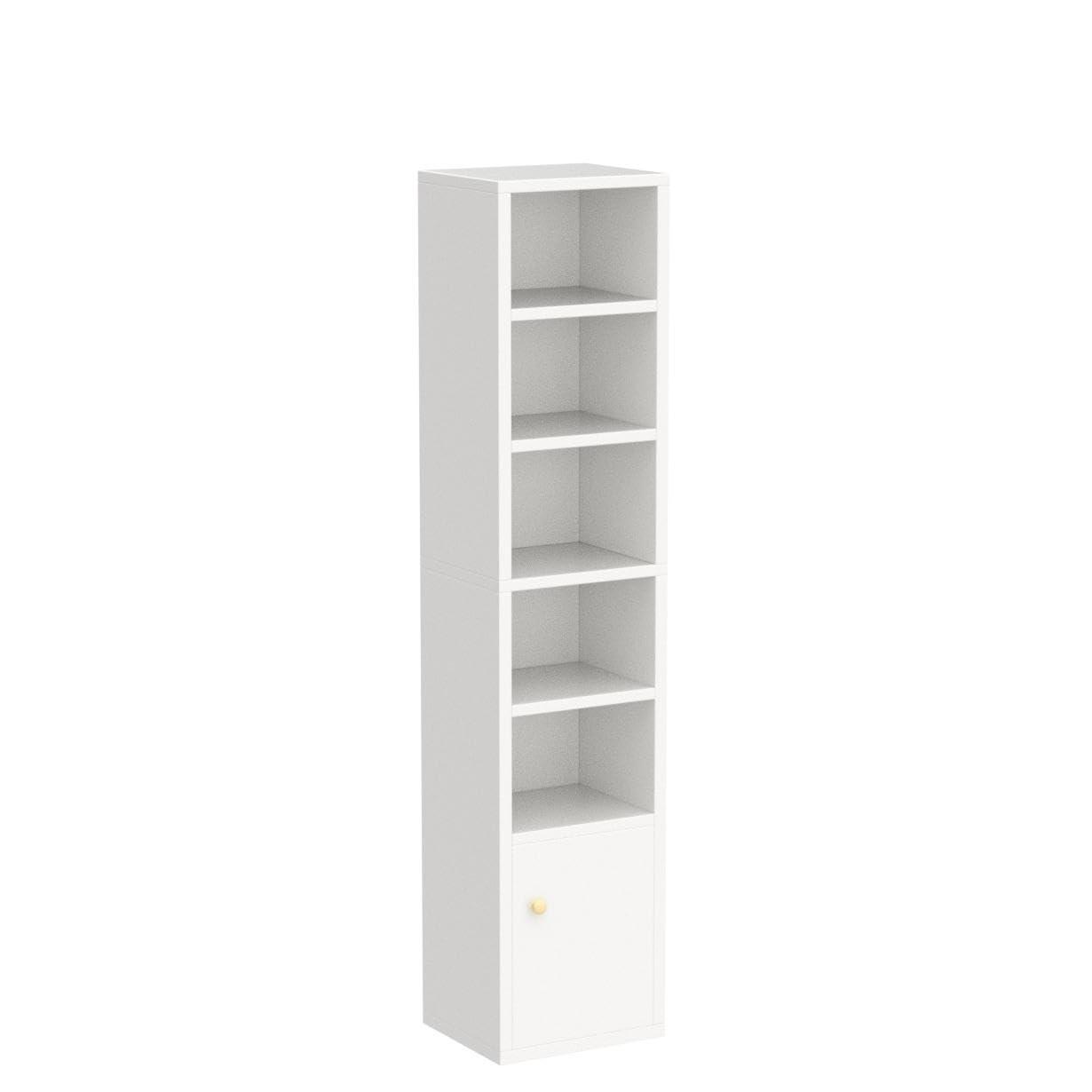 IOTXY Small Narrow Corner Bookcase - 59" Tall Free Standing Gap Storage Cabinet, 6 Lattices Open Shelves Tower Rack with Door, Cubes Bookshelf, White