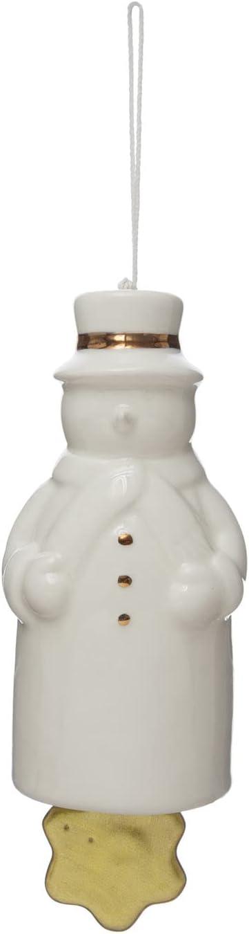 White Stoneware Snowman Bell with Gold Accents