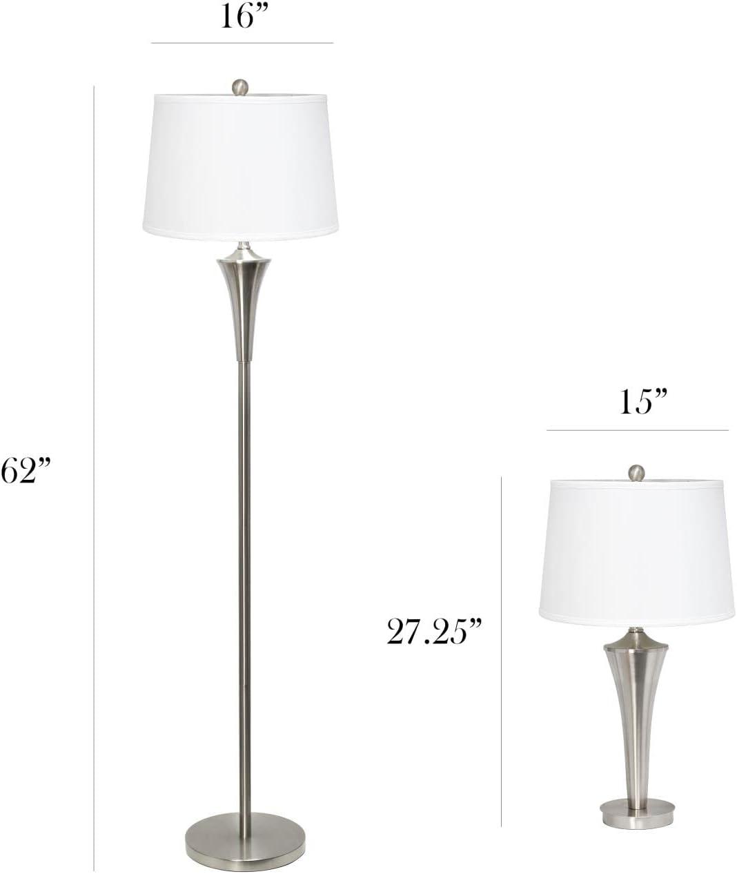 Set of 3 Tapered Lamp Set (2 Table Lamps and 1 Floor Lamp) with Shades Metallic Silver/White - Elegant Designs: Modern Brushed Nickel