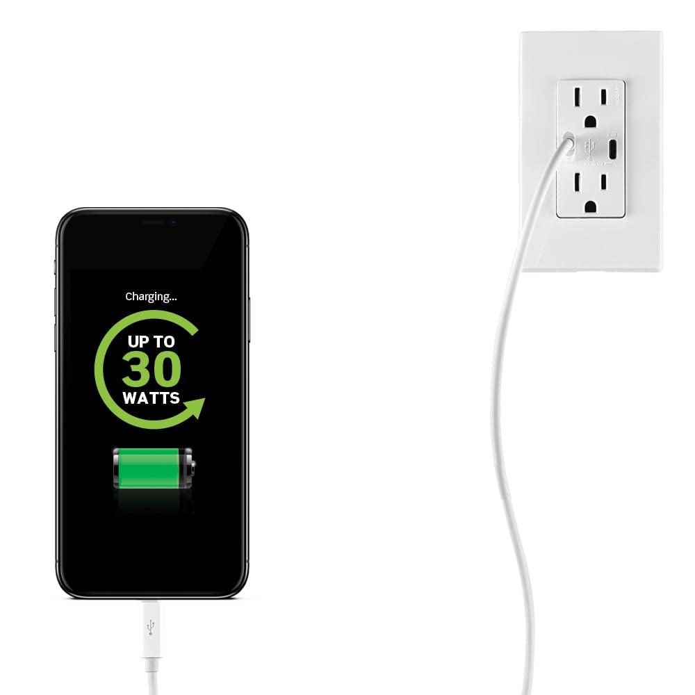 Leviton T5635-T USB Dual Type-C with Power Delivery (PD) In-Wall Charger with 15 Amp, 125 Volt Tamper-Resistant Outlet, Light Almond