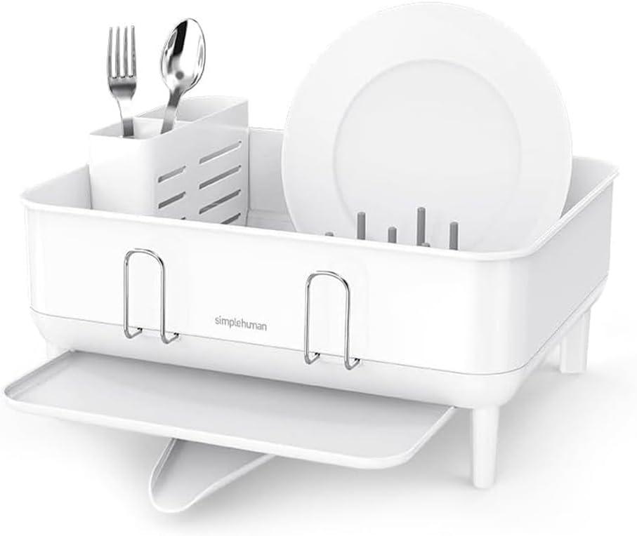 simplehuman Compact Kitchen Dish Drying Rack with Swivel Spout, Fingerprint-Proof Stainless Steel Frame