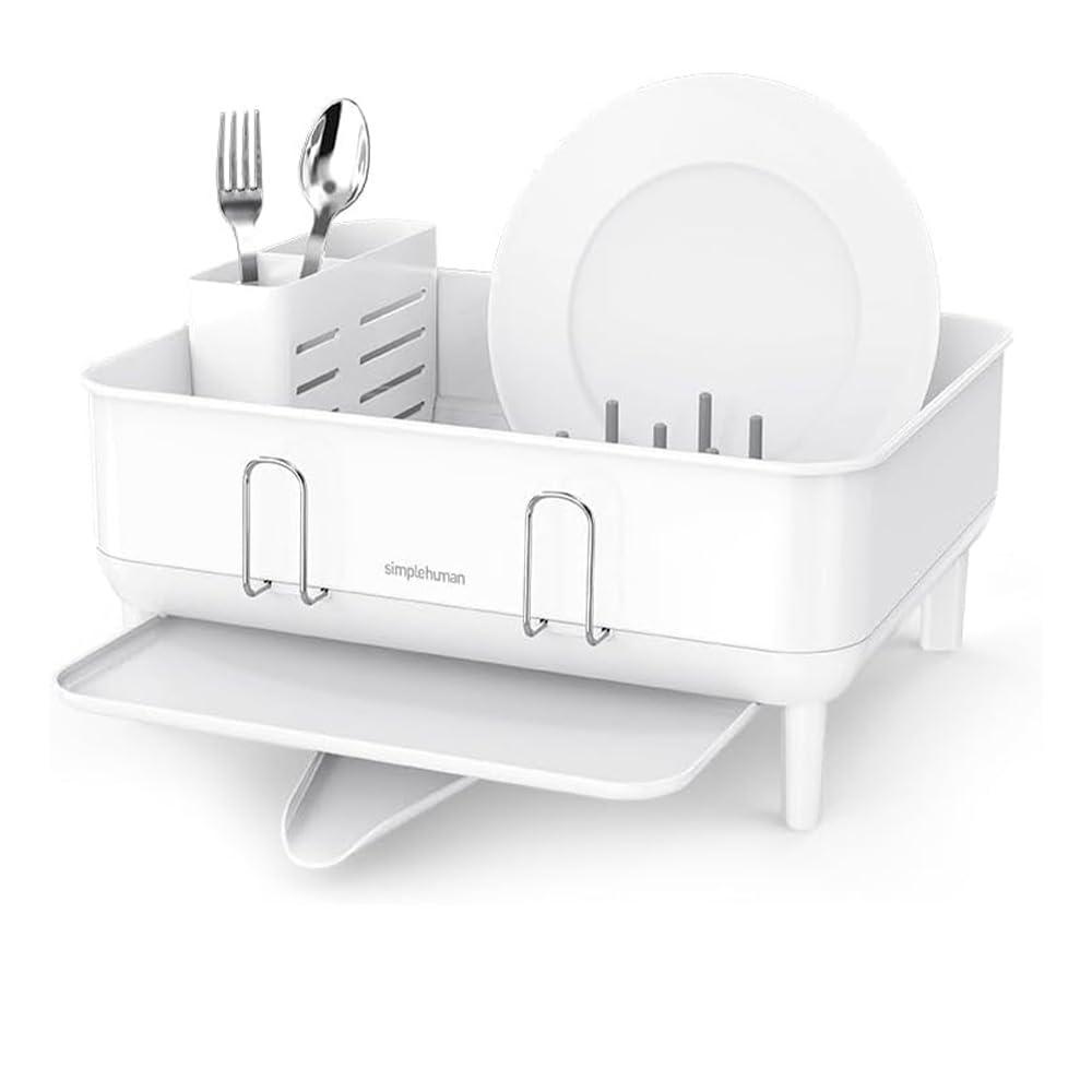 simplehuman Compact Kitchen Dish Drying Rack with Swivel Spout, Fingerprint-Proof Stainless Steel Frame