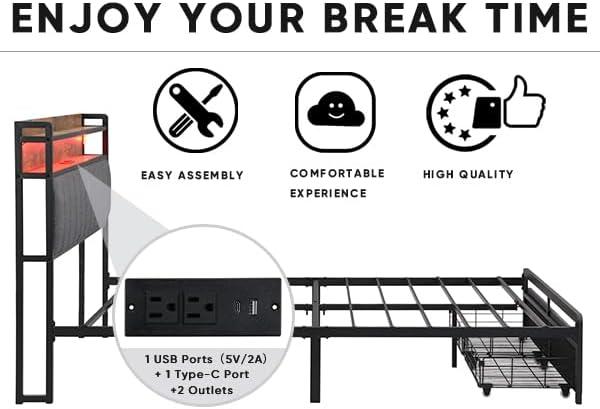 Orren Ellis Full Bed Frame With Storage Headboard And Drawers, Full Size Led Platform Bed Frame, Led Upholstered Bed Frame With Charging Station