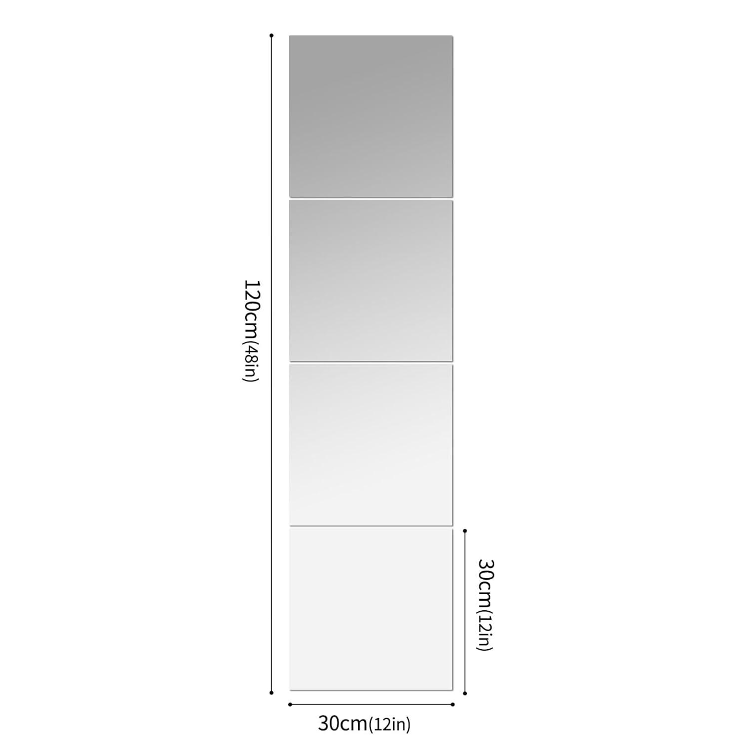 HD Glass Full Length Wall Mirror Tiles, 12'' x 12'' x 4PCS, Frameless Full Body Mirror Tiles for Bedroom, Full Length Mirror Wall Mounted for Home Gym, Door