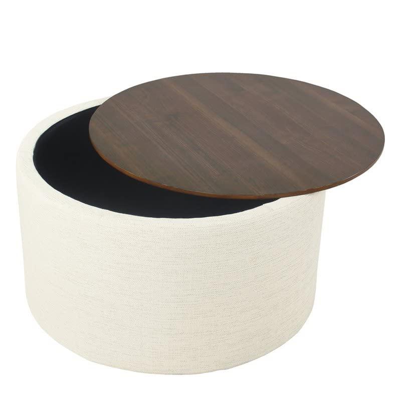 Modern Cream Woven Storage Ottoman with Dark Walnut Wood Top 31"