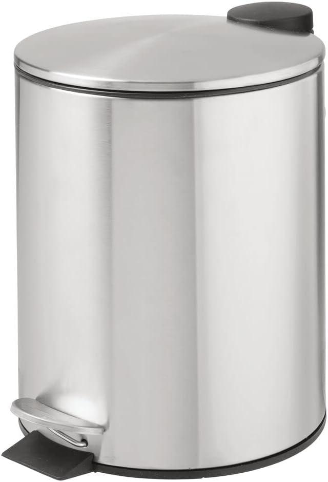 mDesign Round Metal 1.3 Gal Step Trash Can, Lid, Removable Liner, Brushed/Chrome