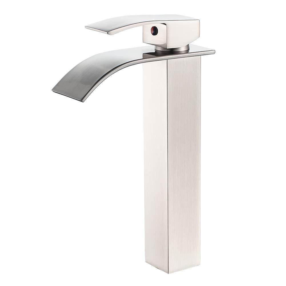 VOTON Vessel Sink Faucet Brushed Nickel Modern Tall Waterfall Bathroom Sink Faucet Single Handle Bathroom Faucet 1 Hole Bowl Lavatory Vanity Faucet, Rv Sink Camper Farmhouse Bathroom Faucet