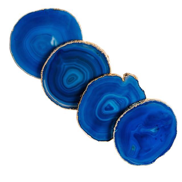 Nature's Decorations Teal Gold Rimmed Agate Stone Coasters - Set of 4, Polished Geode Drink Mats for Dining & Coffee Table & Kitchen Geode Decor Non-Toxic 3.5-4" Diameter