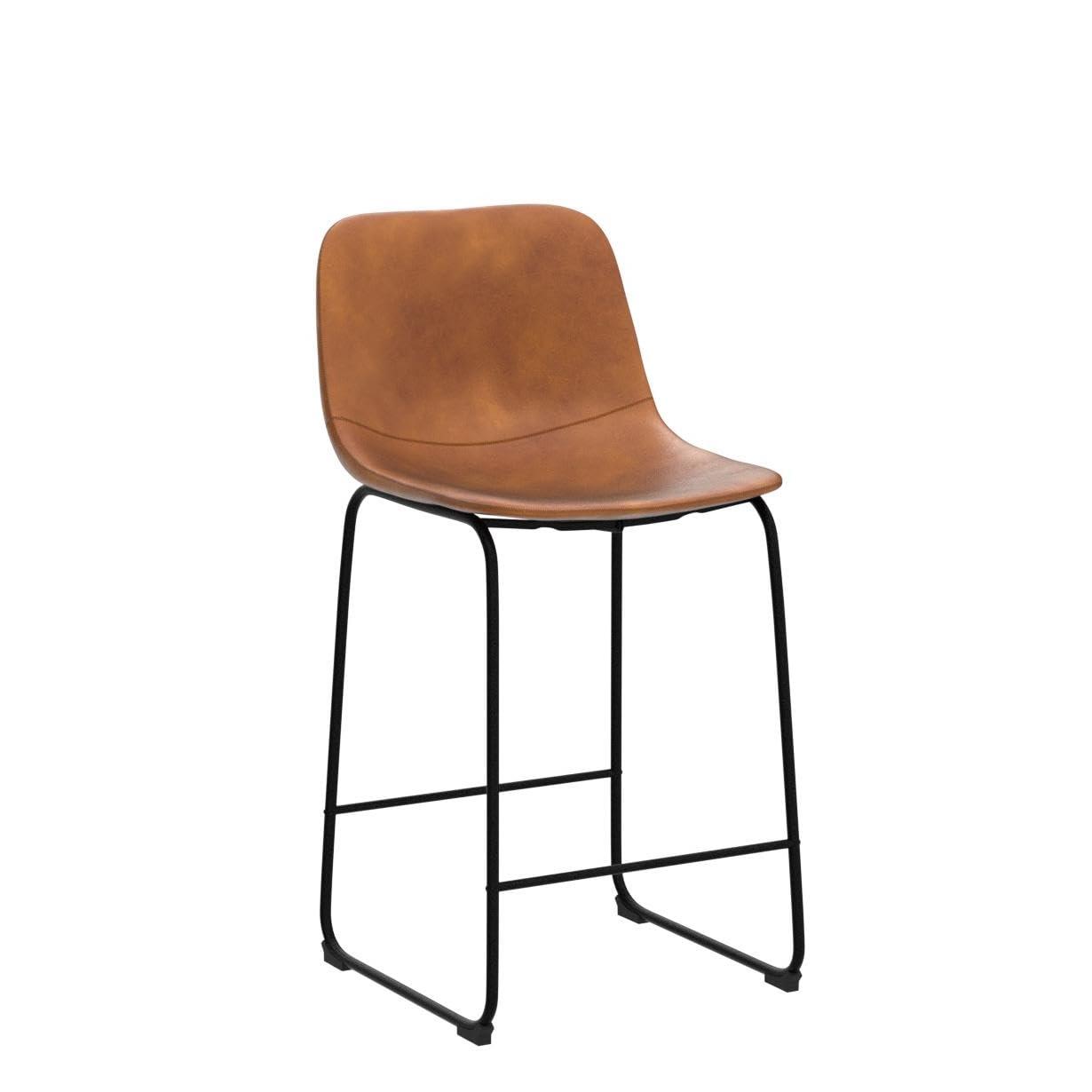 WM 26 inch Counter Height Bar Stools Set of 4, Modern Faux Leather High Barstools with Back and Metal Leg, Bar Chairs for Indoor & Outdoor, Brown