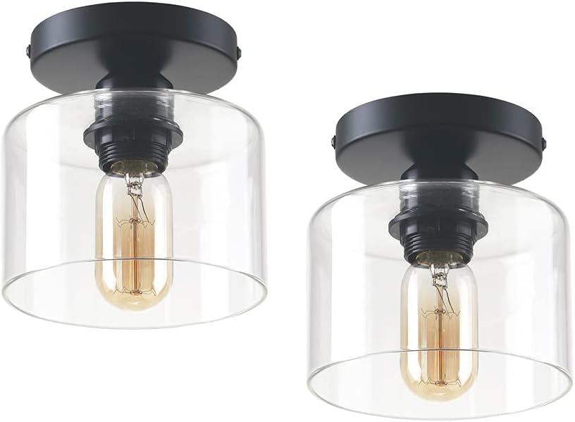 Matte Black Industrial Semi-Flush Mount Ceiling Light with Clear Glass Shade, 2-Pack