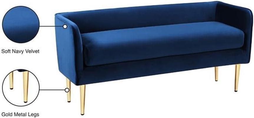 Audrey Navy Velvet Upholstered Bench with Gold Metal Legs, 52" W