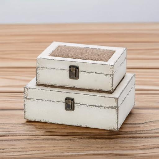 DecMode White Wood Decorative Box with Hinged Lid, 2 Count