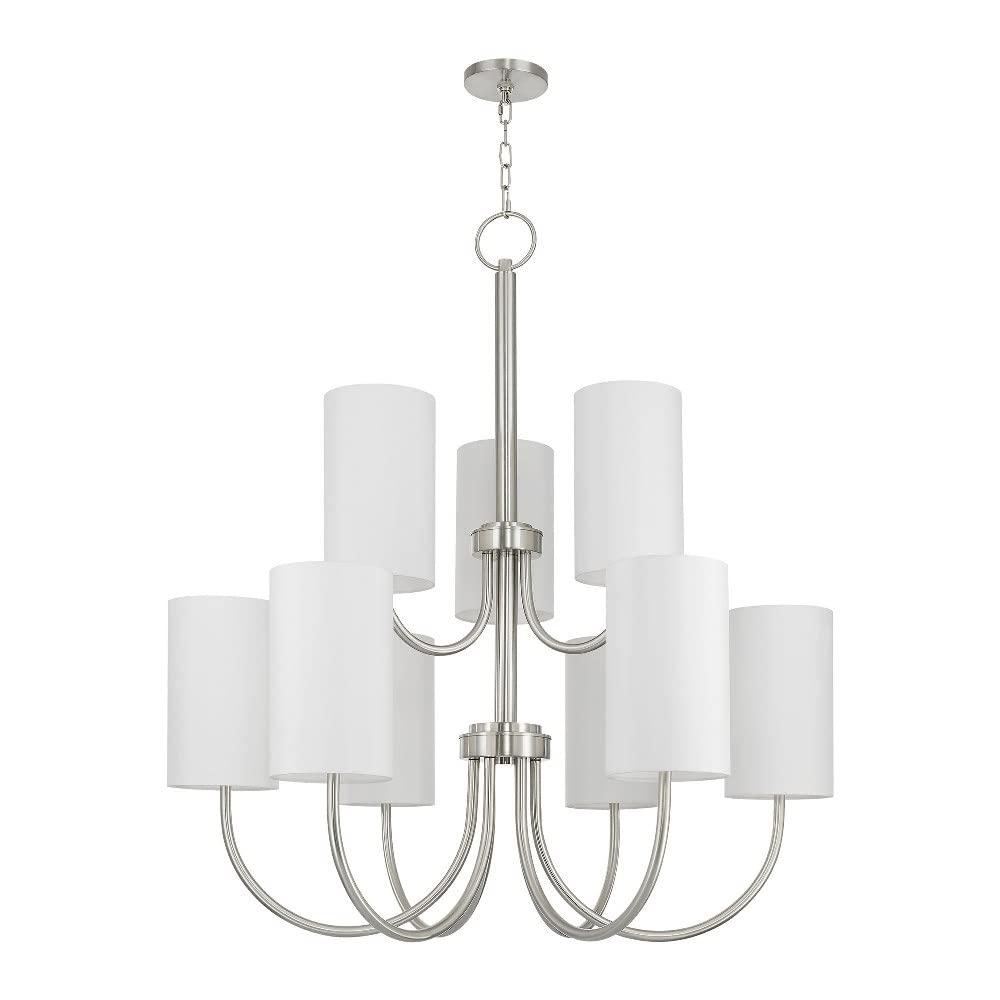 English Bronze 9-Light Drum Chandelier with Oatmeal Fabric Shade