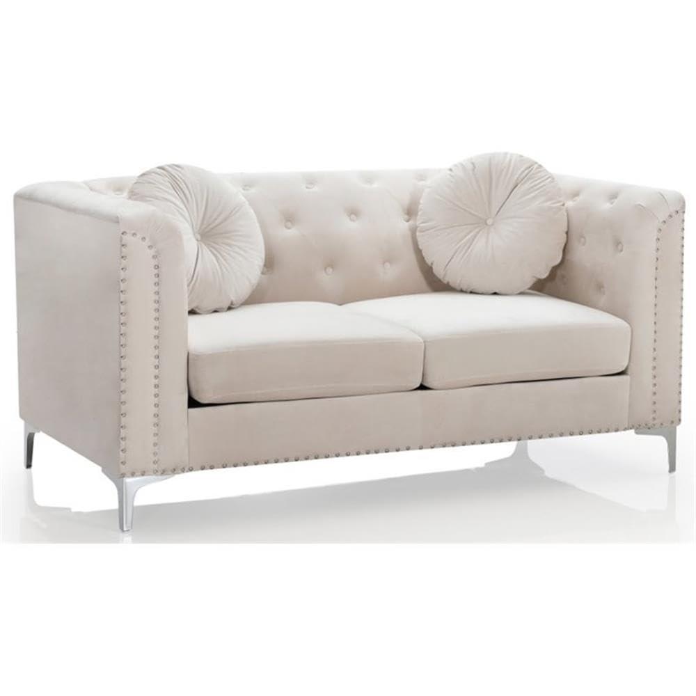 Ivory Velvet Tufted Loveseat with Nailhead Trim