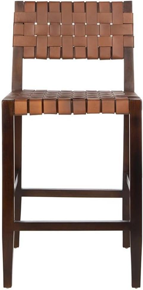 Paxton Woven Leather Counter Stool - Cognac/Walnut Finish - Safavieh