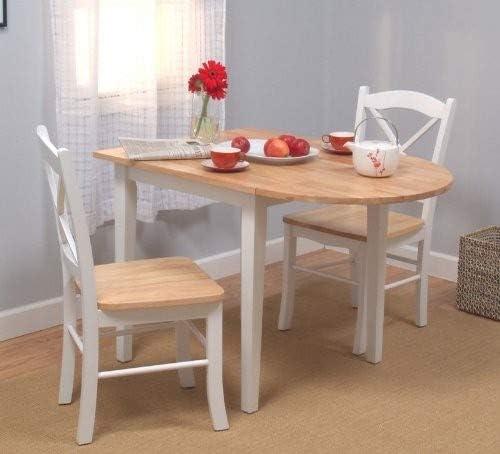 White and Natural Rubberwood Drop-Leaf Dining Set with 2 Chairs