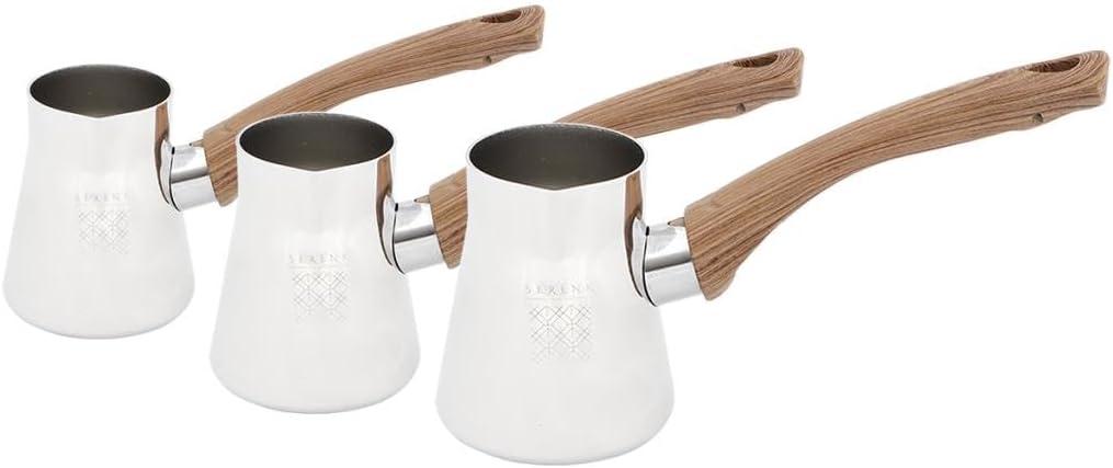 Serenk Turkish Coffee Pot Set, 4-Piece Stainless Steel w/Stand, 2-4 Cup Sizes, 18/10 Steel, Gas Stove Compatible