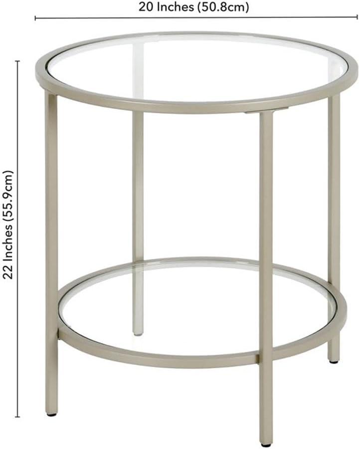 Satin Nickel 20" Round Metal & Glass Side Table with Shelf