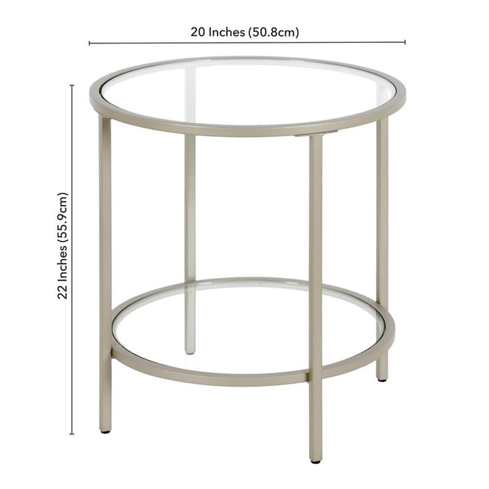 Satin Nickel 20" Round Metal & Glass Side Table with Shelf