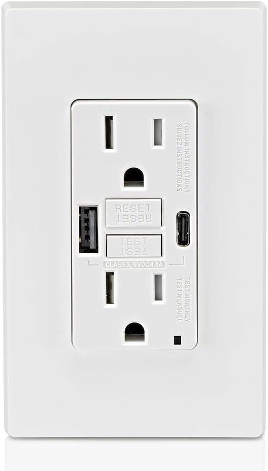 White Tamper Resistant GFCI Outlet with USB Type A & C