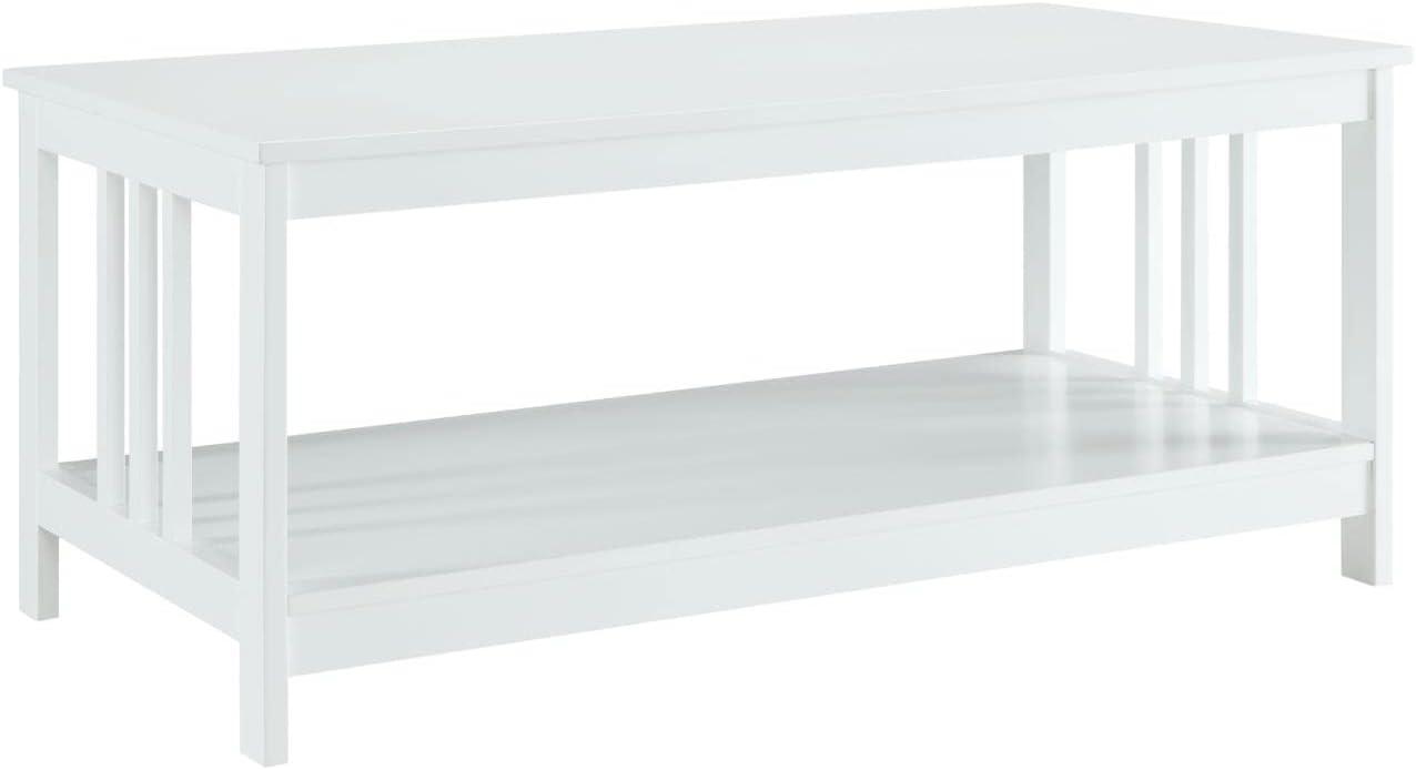 Elegant Mission White Rectangular Wood Coffee Table with Shelf