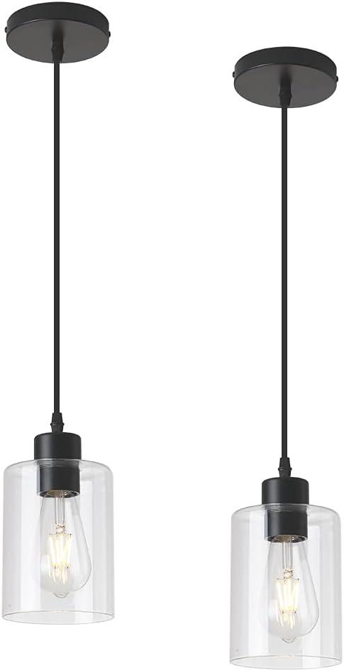 Modern Black Farmhouse Clear Glass Cylinder Pendant Light Fixture,Island Lights for Kitchen,Mini Pendant Lighting for Kitchen Island Decor - 4.75 Inch Shade, 2-58 Inch Cord