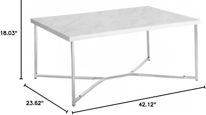 42" Rectangular Coffee Table in White Faux Marble with Chrome Metal Base