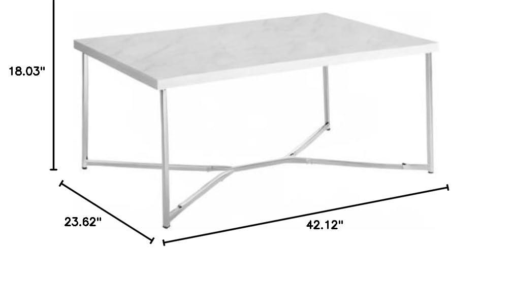 42" Rectangular Coffee Table in White Faux Marble with Chrome Metal Base