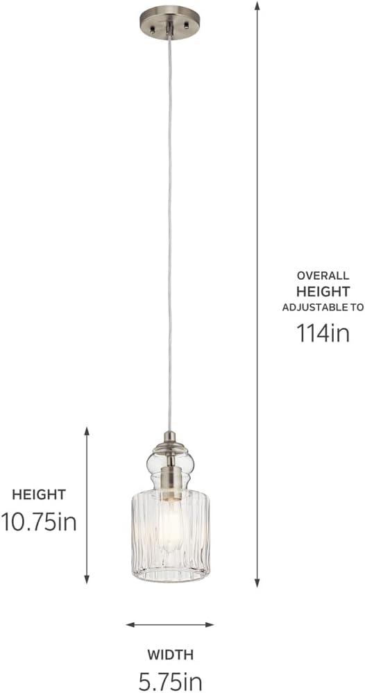 Riviera 10.75" 1 Light Pendant with Clear Ribbed Glass in Brushed Nickel