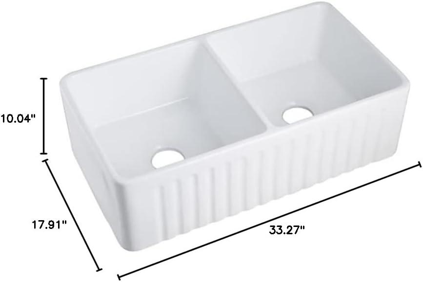 DeerValley DV-1K028 Ceramic Double Basin Kitchen Sink with Grid and Strainer,33" L x 18" W x 10" H