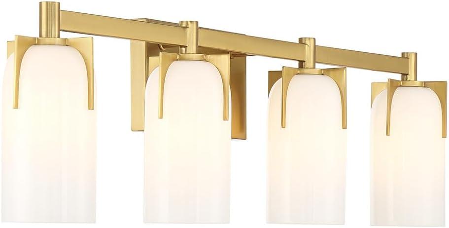 Warm Brass 4-Light Bathroom Vanity with Etched Opal Glass