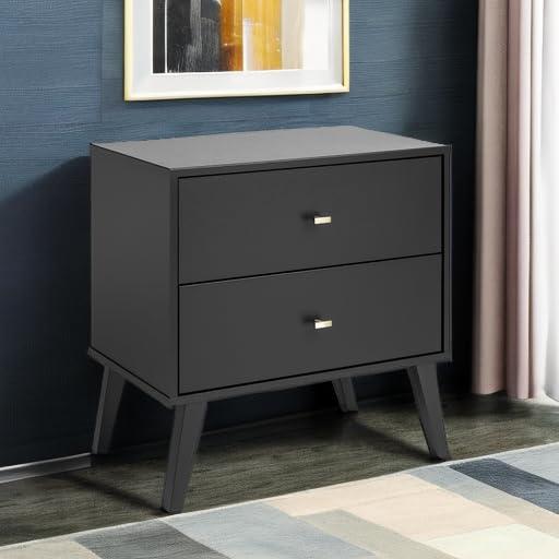 Mid Century Modern 2 Drawer Wide Nightstand Black - Prepac: Sleek Bedside Furniture, Tapered Legs