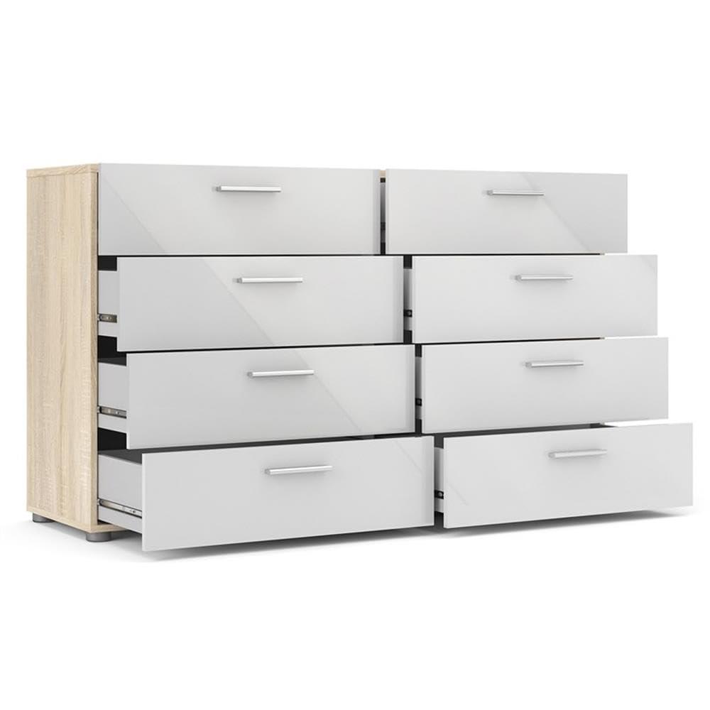 Tvilum Loft 8 Drawer Double Dresser for Adults, Oak Structure and White High Gloss