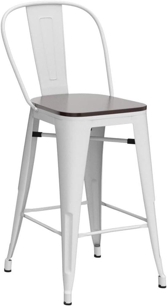 Bar Stools Set of 4 Metal Bar Stool Counter Height Bar Stools White, Modern Bar Chairs with Back and Wooden Platform 30" Bar Stools Counter Height