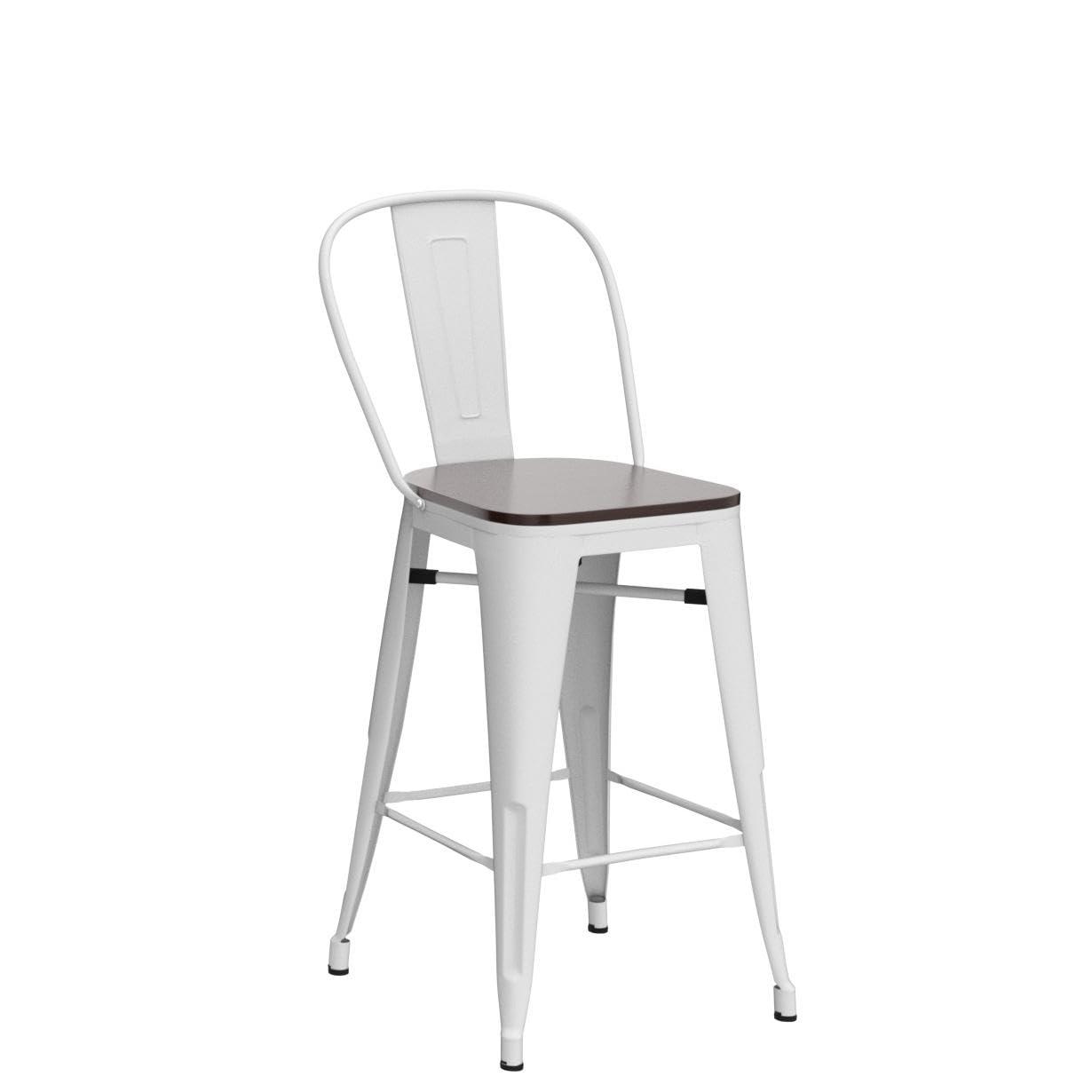 Bar Stools Set of 4 Metal Bar Stool Counter Height Bar Stools White, Modern Bar Chairs with Back and Wooden Platform 30" Bar Stools Counter Height