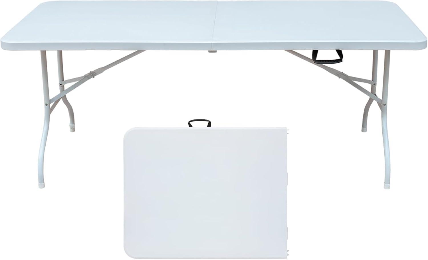 6ft Folding Table, Portable Plastic Table for Camping, Picnics, Parties, High Load Bearing Foldable Table White