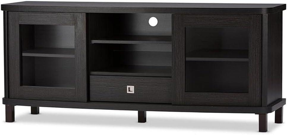 Walda Wood Cabinet with 2 Sliding Doors and 1 Drawer TV Stand for TVs up to 60" Dark Brown/Gray - Baxton Studio