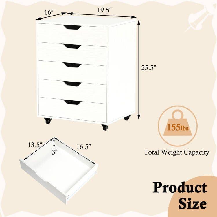 Halifax 5 Drawer Cabinet with Casters White - Winsome: Office Furniture Storage, Printer Stand