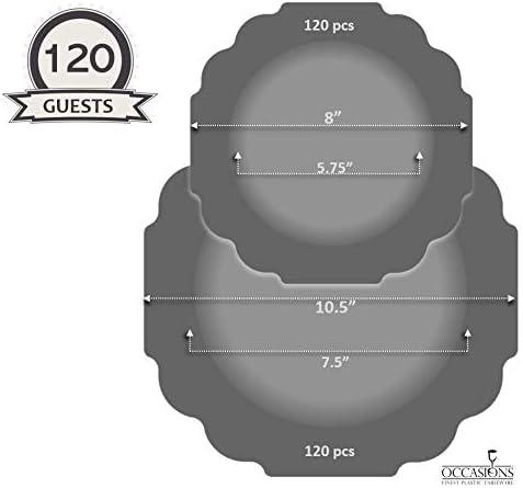" OCCASIONS " 240 Plates Pack (120 Guests) Heavyweight Wedding Party Disposable Plastic Plates-120x10.5'' Dinner + 120x8'' Appetizer Plate (Imperial Aqua & Silver)